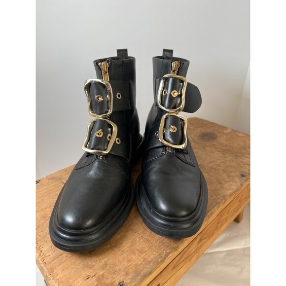 ASOS Black Leather Gold Metal Double Buckle Ankle Biker Boot US Size 6 UK Size 4 - Picture 10 of 14